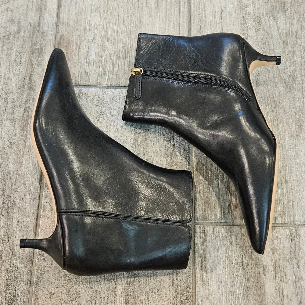 J.Crew Ankle Boots Size 8 Black Leather Kitten Heel Pointed Toe Office Bootie